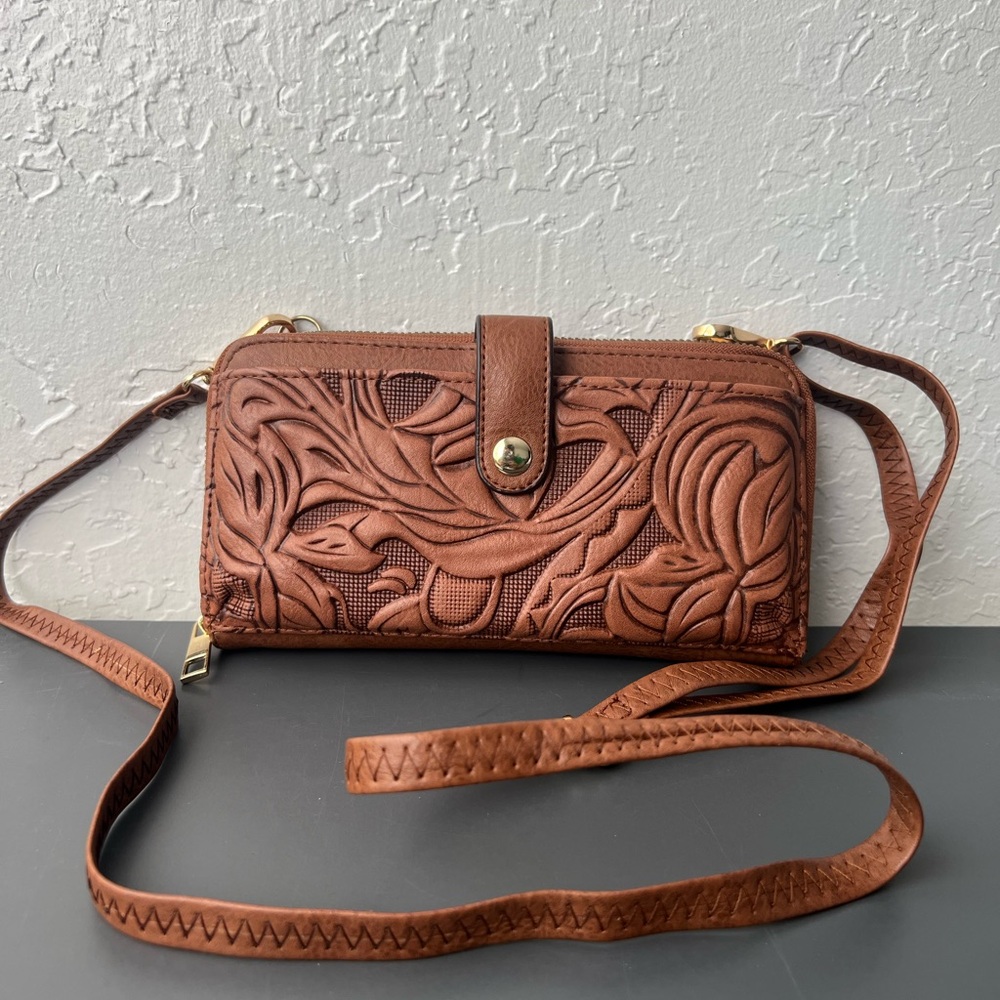 Brown Faux Leather Southwestern Crossbody Bag